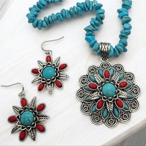 Turquoise Flower Pendant Earring Matching Set Beaded Necklace Western Jewelry